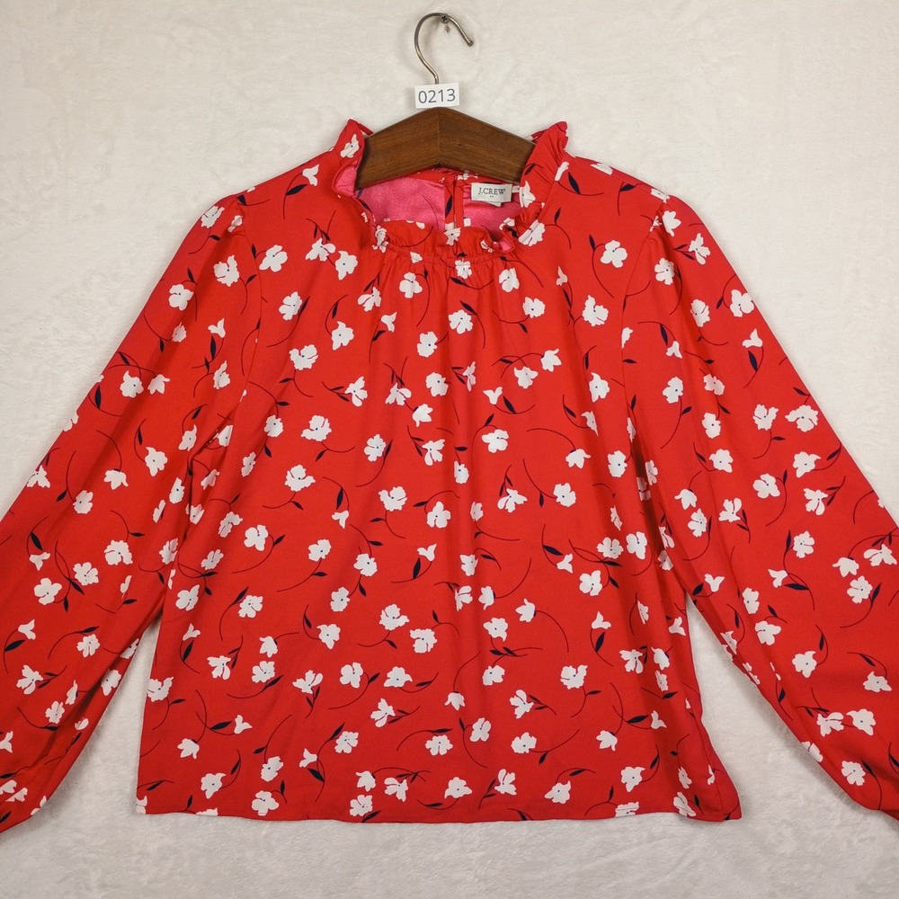 J.Crew Red Floral Ruffle Neck Long Sleeve Blouse Top Womens S Small